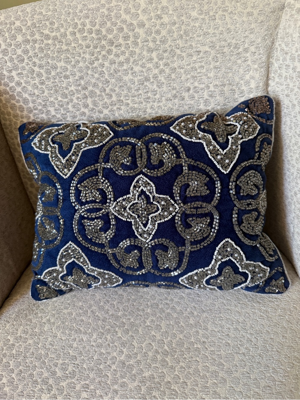 Set of 2 Beaded Navy Decorative Pillows with Silver Accents Made in India